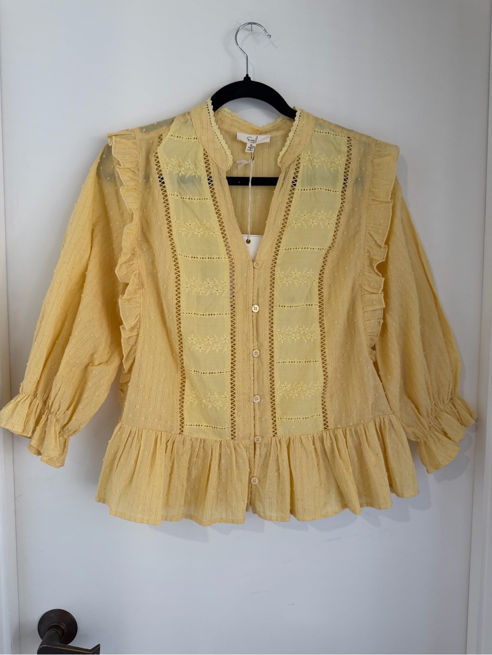 easel Yellow Ruffle Lace Button-Front Blouse